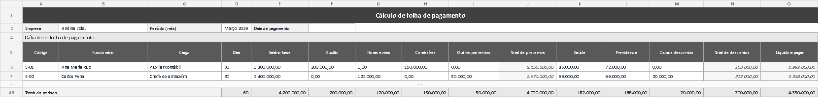 Modelo de cálculo de folha de pagamento em Excel