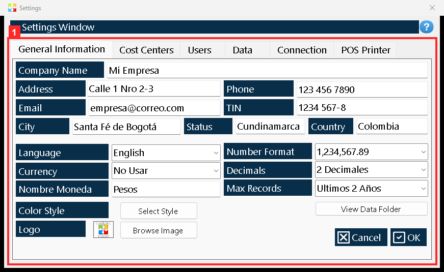 The settings window opens with «General Information», «Cost Centers», «Users», «Data», «Connection» and «POS Printer».