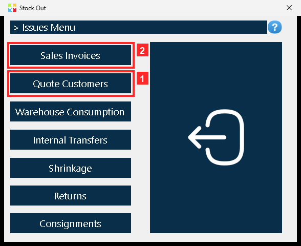 Pressing «Stock Out» opens the menu of stock-out operations. «Quote Customers» is the customer-quote option; the others are different stock-out documents.