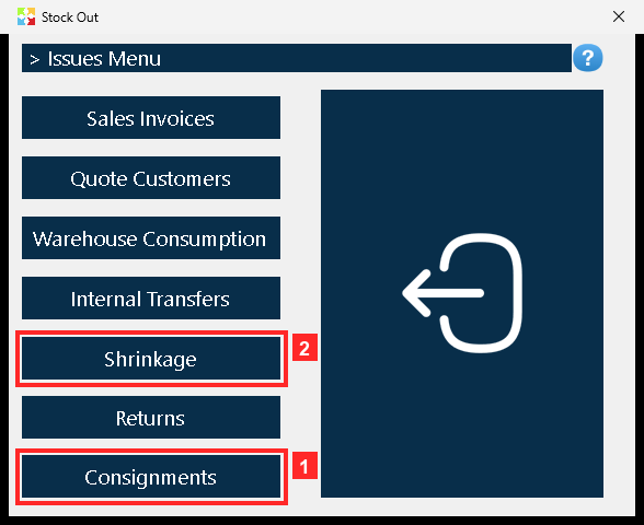 Pressing «Stock Out» opens the menu of stock-out operations. «Consignments» is the loans and consignments option: it delivers goods to a consignee (who keeps them in deposit to…