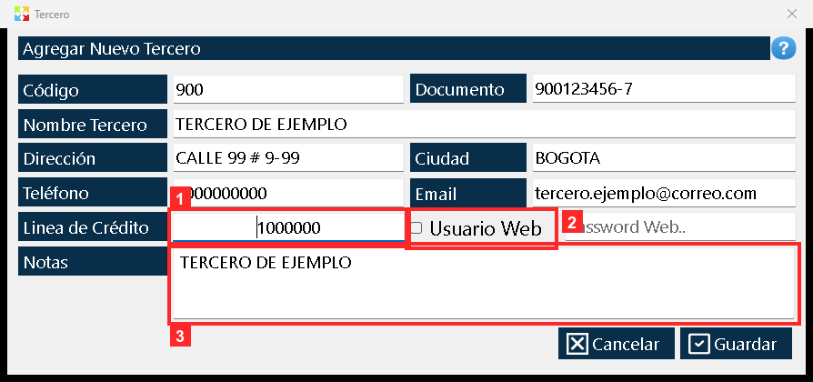 «Linea de Crédito» es el cupo de crédito que se le asigna al tercero (en el ejemplo 1000000): es el valor que el programa tiene en cuenta al venderle a crédito.