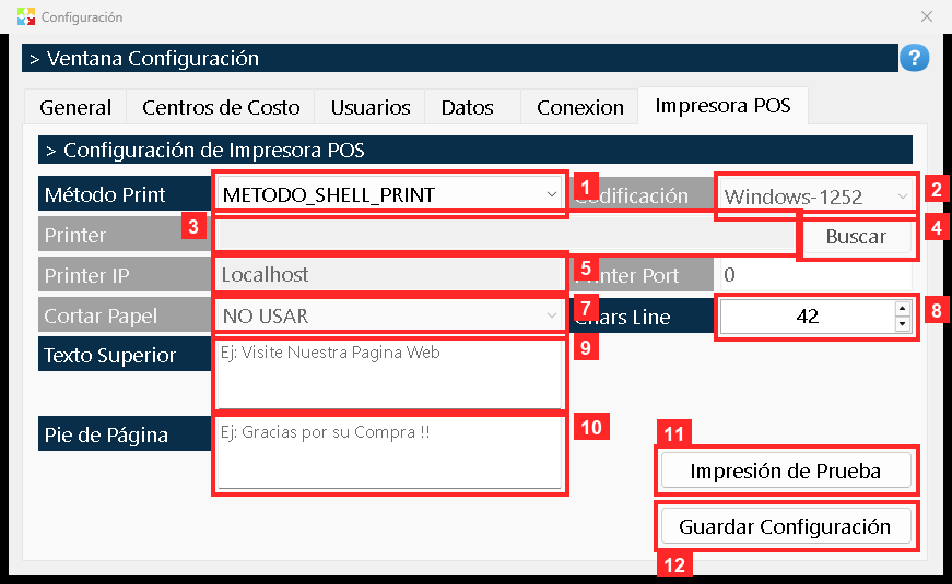 Los datos de la impresora de tirilla: «Método Print», «Codificación», «Printer Port» con «Buscar», «Printer IP», «Printer Port», «Cortar Papel», «Chars Line» (caracteres por…