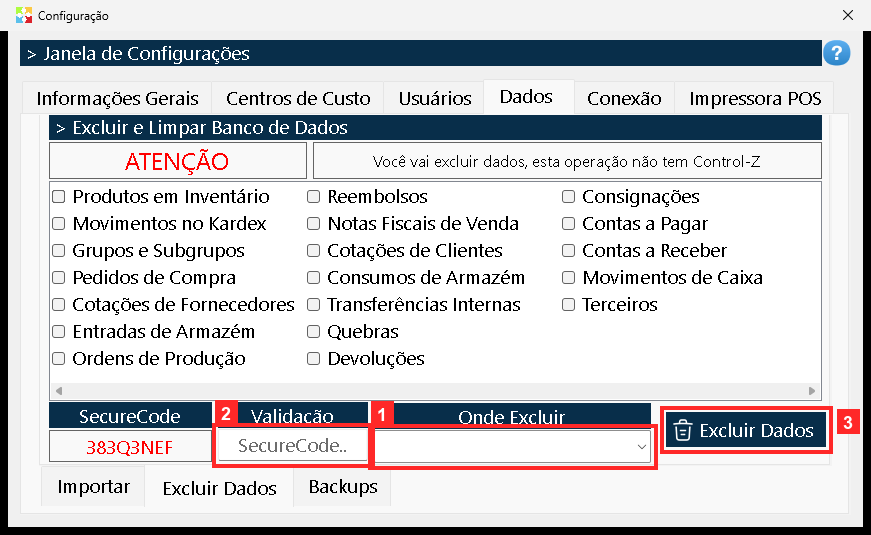 A segunda aba é «Excluir Dados»: em «Onde Excluir» escolhe-se de onde excluir, em «Validação» escreve-se o código que o programa pede e «Excluir Dados» executa a exclusão.