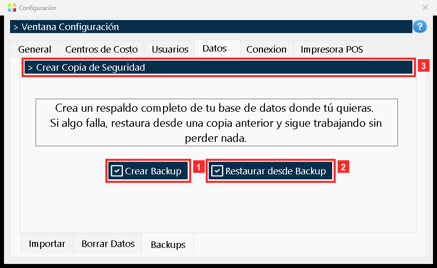 La tercera pestaña es «Backups»: «Crear Backup» guarda una copia completa de la base de datos donde usted quiera y «Restaurar desde Backup» la restaura si algo sale mal.