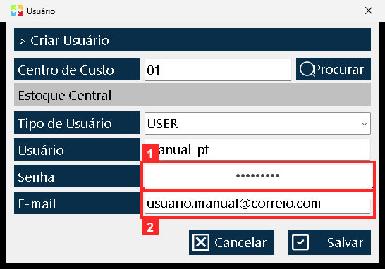Embaixo vão «Senha», a senha com que entrará (escreve-se aqui e o programa guarda-a cifrada na ficha do usuário) e «E-mail», o seu e-mail (no exemplo «usuario.manual@correio.com»).