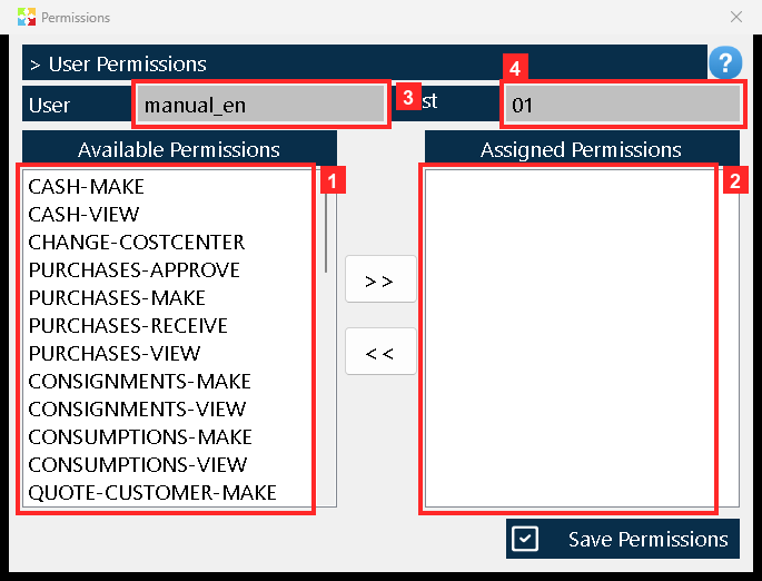 Press «» and «> User Permissions» opens for that user: at the top you see who is being set up («User» and «Cost Centers») and below are the two lists, «Available Permissions» (the…