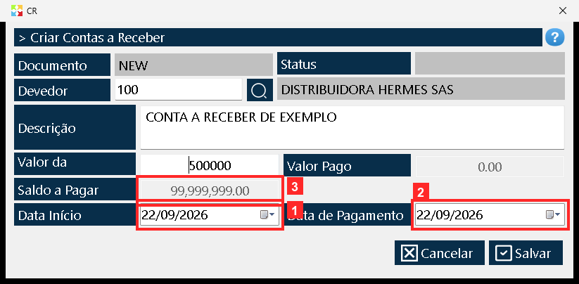 «Data Início» é a data da conta e «Data de Pagamento» a data prevista de pagamento; o programa propõe a data de hoje (22/09/2026 e 22/09/2026).