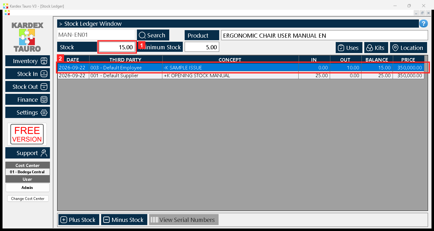 Back in the «Stock Ledger» window, press «Search» again to refresh: «Stock» now shows 15.00 and the movement of the issue appears in the list with the reason SAMPLE ISSUE.