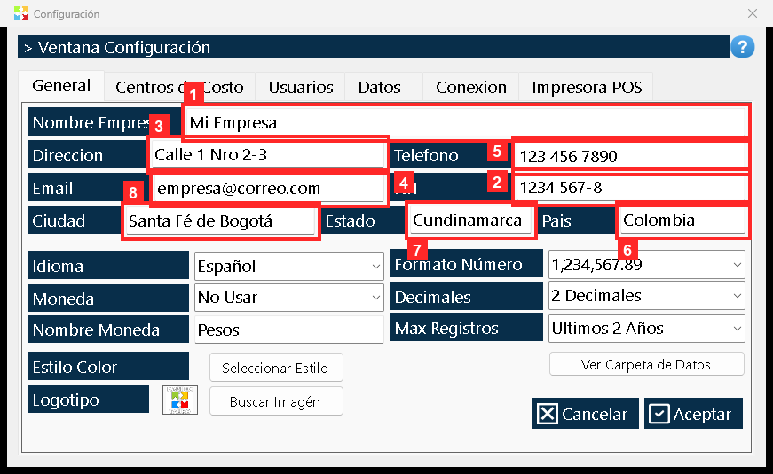 La primera ficha reúne los datos de la empresa que salen en los documentos: «Nombre Empresa» (Mi Empresa), «Direccion», «Email», «Telefono», «NIT», «Pais», «Estado» (el…