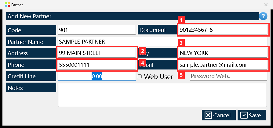 Below go the partner details: «Document» (tax id, in the example 901234567-8), «Address» (99 MAIN STREET), «City» (NEW YORK), «Phone» (5550001111) and «Email»…