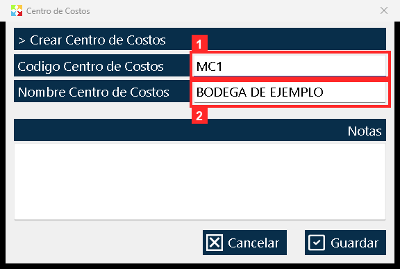 En el ejemplo el código es MC1 y el nombre «BODEGA DE EJEMPLO». El código es lo que identifica al centro en el resto del programa; en los documentos y los movimientos de bodega…