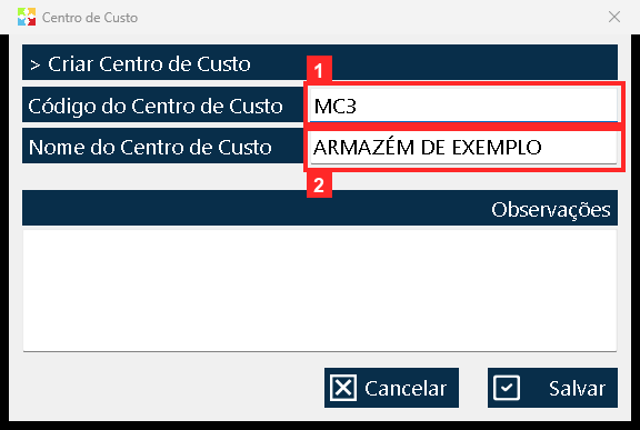 No exemplo o código é MC3 e o nome «ARMAZÉM DE EXEMPLO». O código identifica o centro no resto do programa; nos documentos e nos movimentos de armazém aparece no fim da descrição…