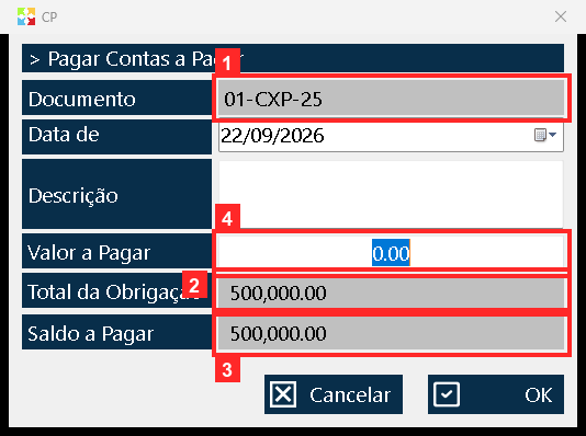 Abre-se a janela do abono, que já traz os dados da conta: «Documento» (01-CXP-25), «Total da Obrigação» (500,000.00), «Saldo a Pagar» (500,000.00) e a «Data de Pagamento»…