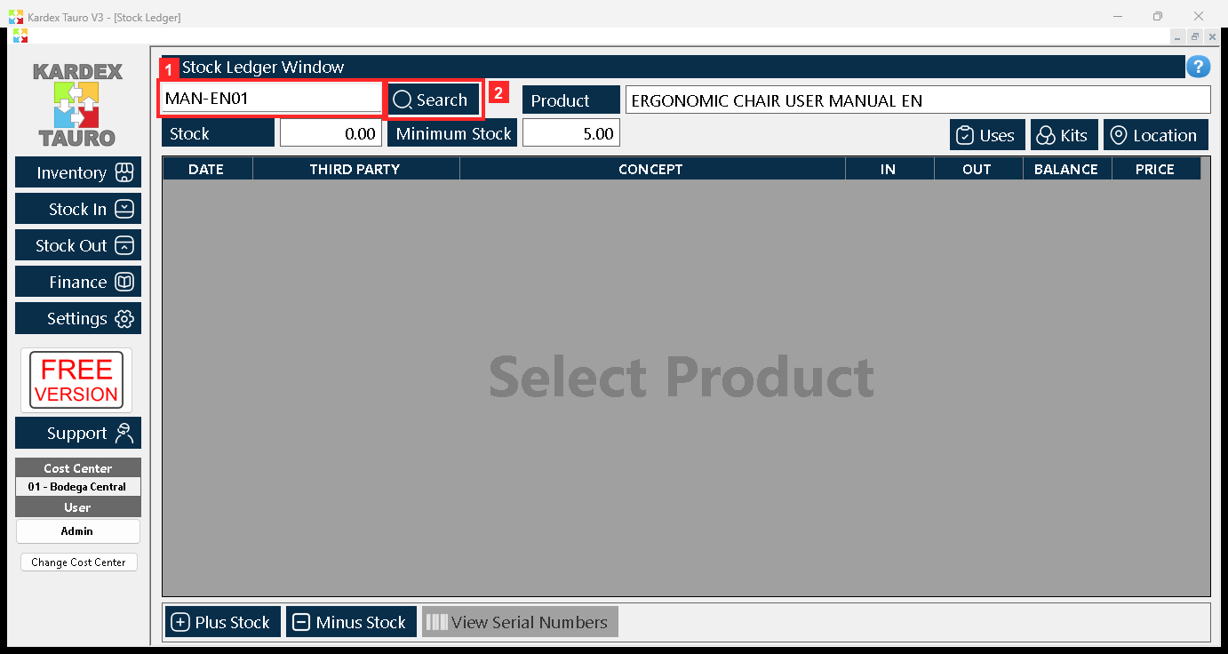 The «Stock Ledger» window opens inside the working area. At the top there is the search box: type the product code and press «Search».