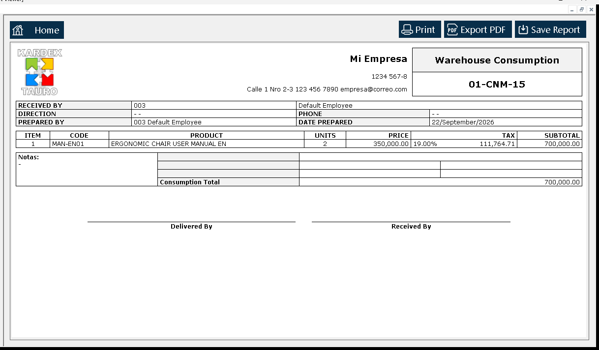 The «Report Viewer» opens with the consumption exactly as it would be printed: header, who consumes, the written-off line and the totals.