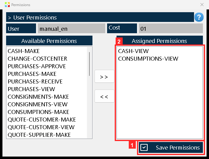 With the permissions already in «Assigned Permissions», press «Save Permissions»: they are saved in the user record.
