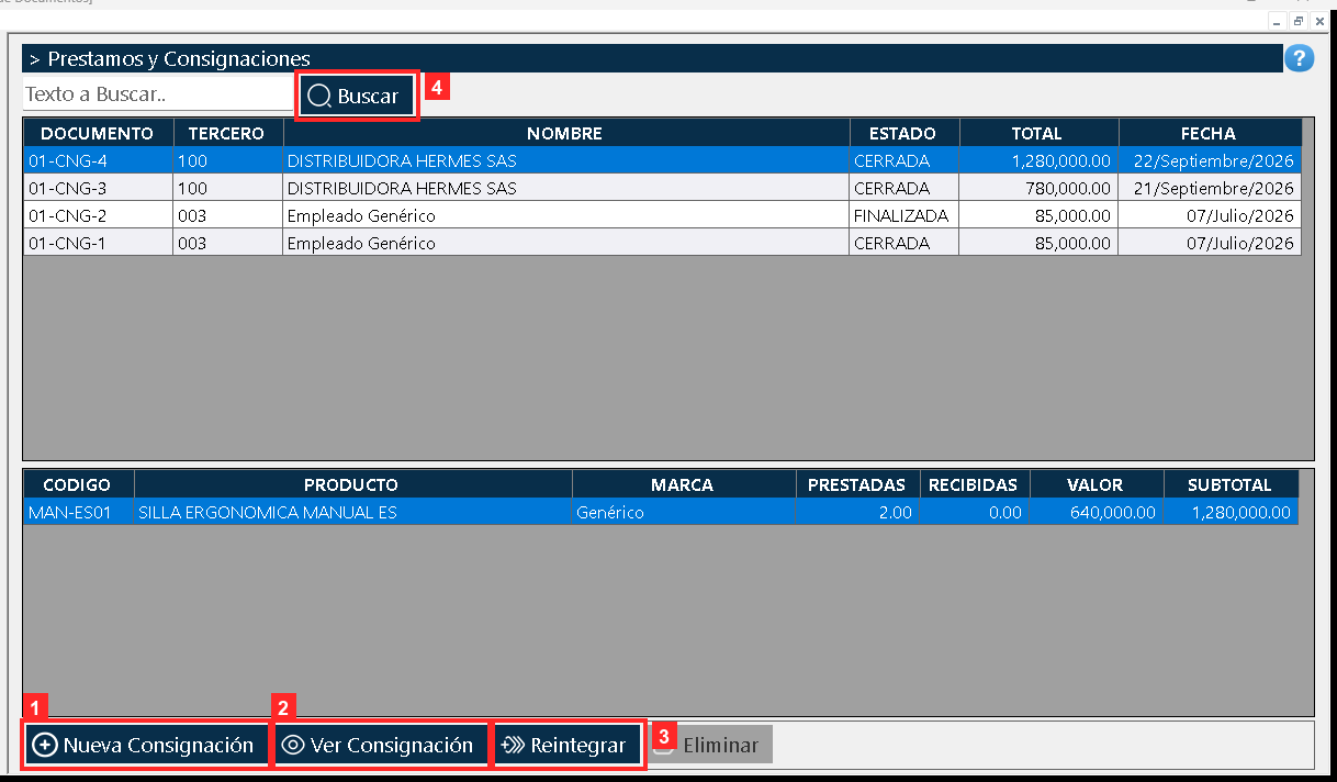 Se abre «Lista de Documentos». Arriba la cuadrícula maestra lista cada documento con la referencia, el consignatario, el ESTADO (CERRADA) y el total (01-CNG-4 | 100 |…