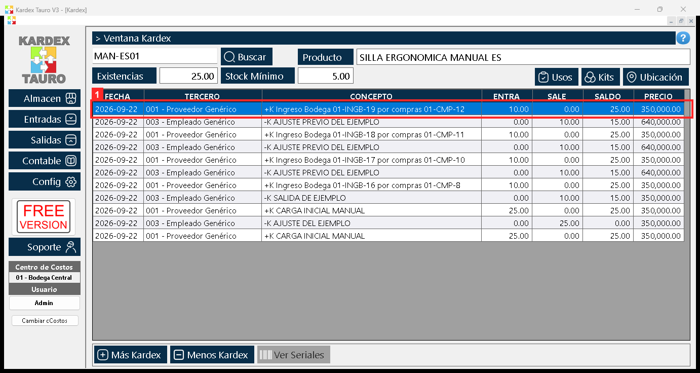 Toda recepción deja su asiento en el kardex. En «Kardex», al buscar el producto, la primera fila es el movimiento que acaba de crear la compra: «+K Ingreso Bodega 01-INGB-19 por…