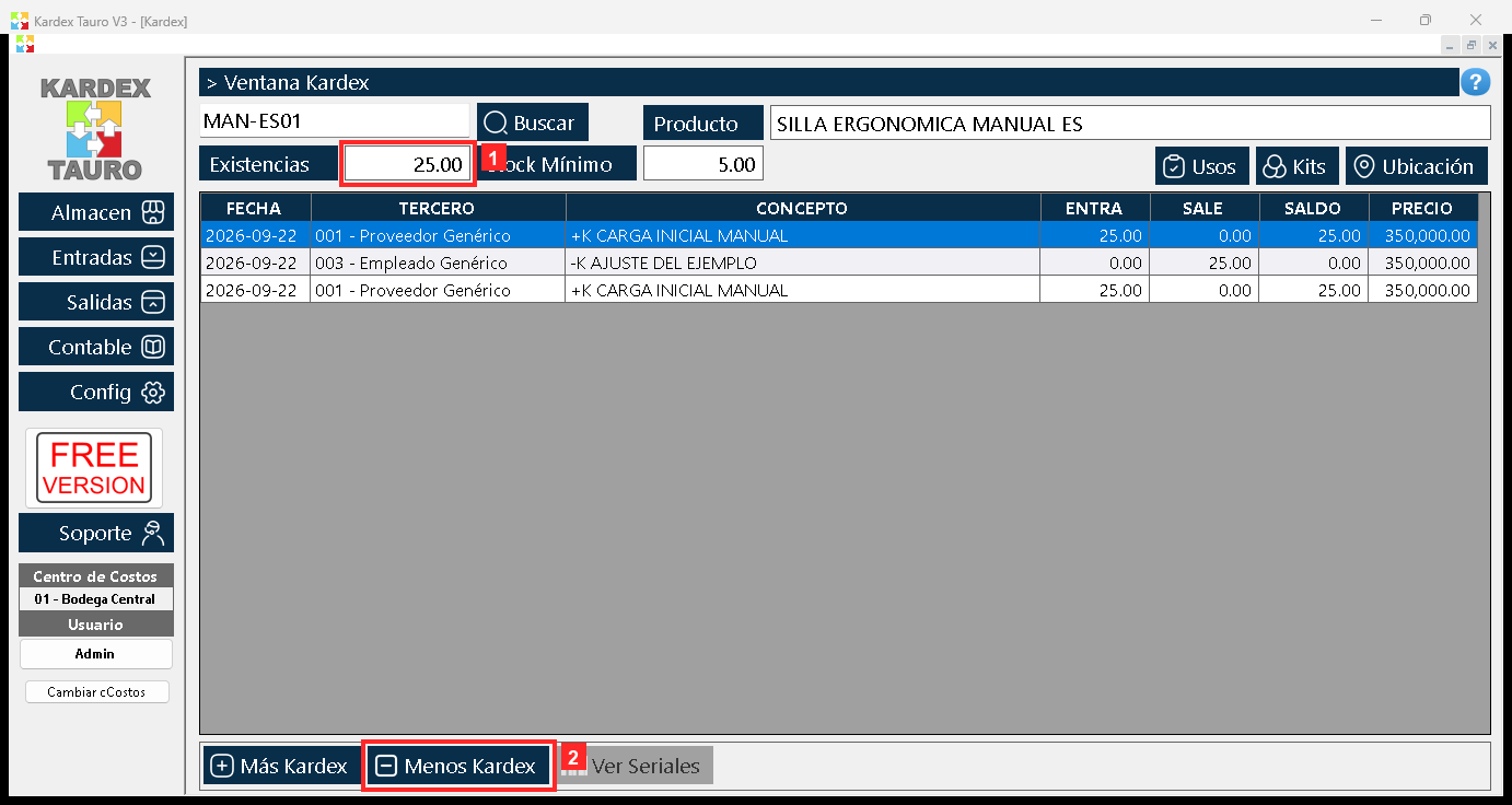 Al buscarlo, el programa carga el producto: a la derecha del buscador aparece «Producto» con su nombre, y debajo «Existencias» (25.00) junto a su «Stock Mínimo».