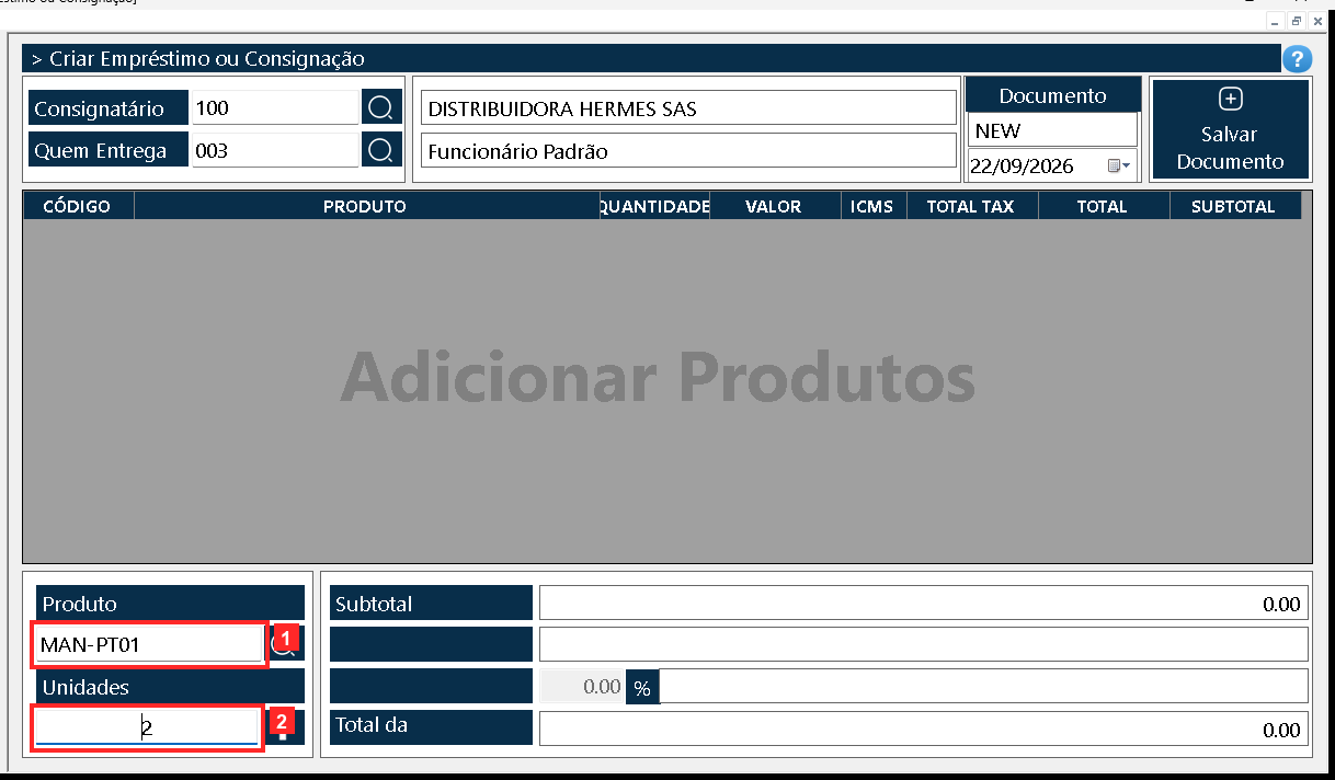 No corpo monta-se a lista do que sai em consignação: «Produto» é o código do produto e «Unidades» a quantidade entregue.