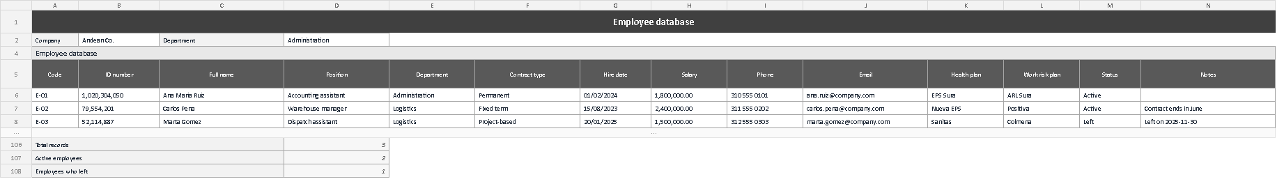 Employee database template for Excel