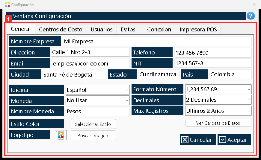 Se abre la ventana de configuración con «General», «Centros de Costo», «Usuarios», «Datos», «Conexion» e «Impresora POS».