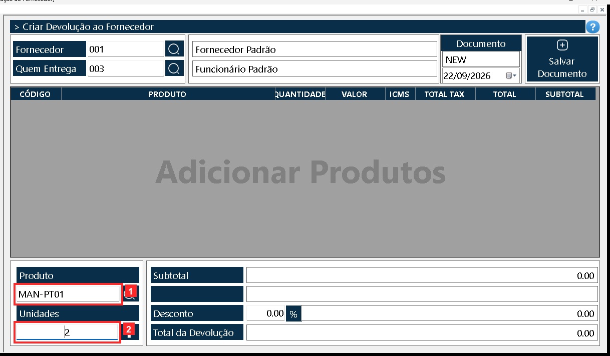 No corpo monta-se a lista do que se devolve: «Produto» é o código do produto e «Unidades» a quantidade devolvida. Ao lado estão a busca de produtos e o botão que adiciona a linha.