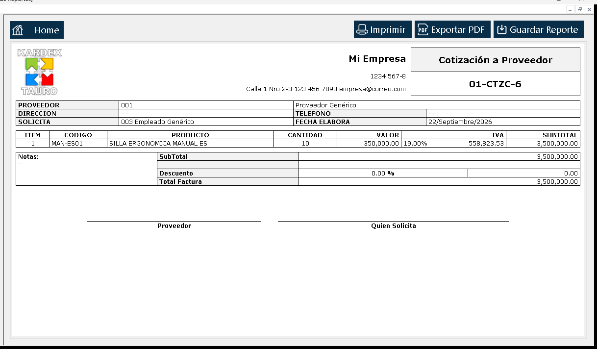Se abre el «Visor de Reportes» con la cotización tal como saldría impresa: encabezado, proveedor, la línea cotizada y los totales.