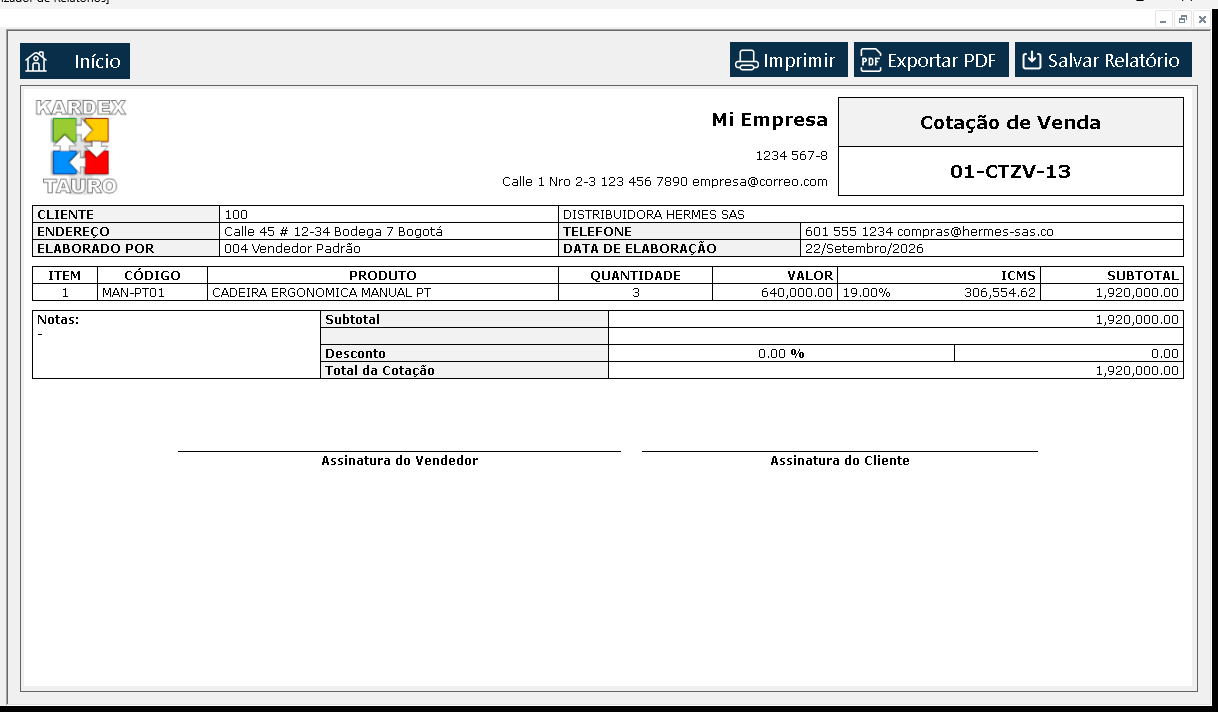 Abre-se a «Visualizador de Relatórios» com a cotação tal como sairia impressa: cabeçalho, cliente, a linha cotada e os totais.