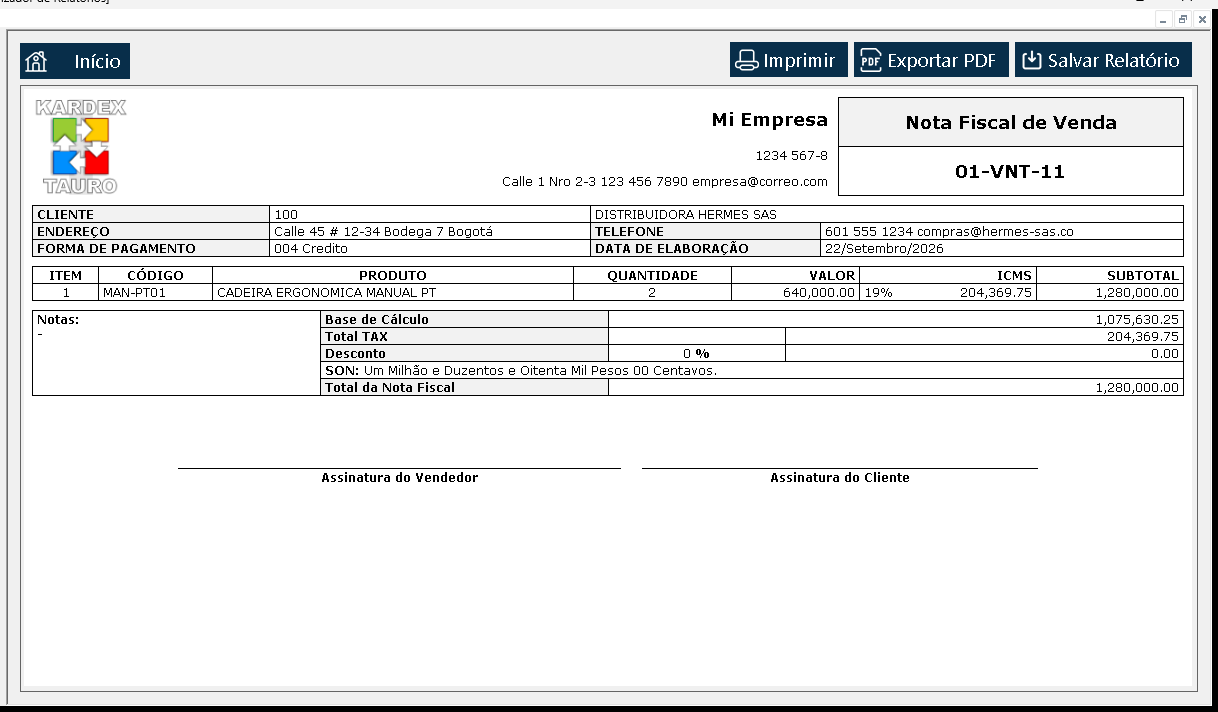 Abre-se a «Visualizador de Relatórios» com a nota tal como sairia impressa: cabeçalho, comprador, a linha vendida, a base tributável, o imposto e o total.