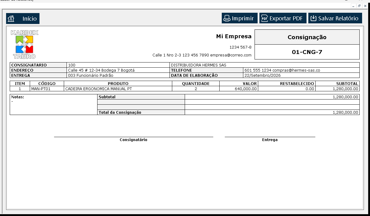 Abre-se a «Visualizador de Relatórios» com a consignação tal como sairia impressa: cabeçalho, o consignatário, a linha entregue e os totais.