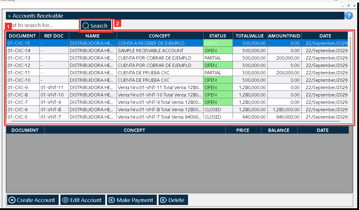 «Document List» opens. Every row is an account with its reference, the partner, the description, the STATUS, the total, the amount paid and the date.