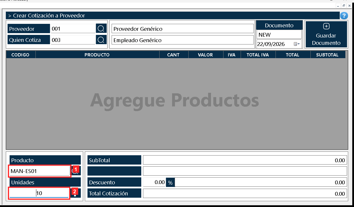 En el cuerpo del documento se arma la lista de lo que se cotiza: «Producto» es el código del producto y «Unidades» la cantidad cotizada.