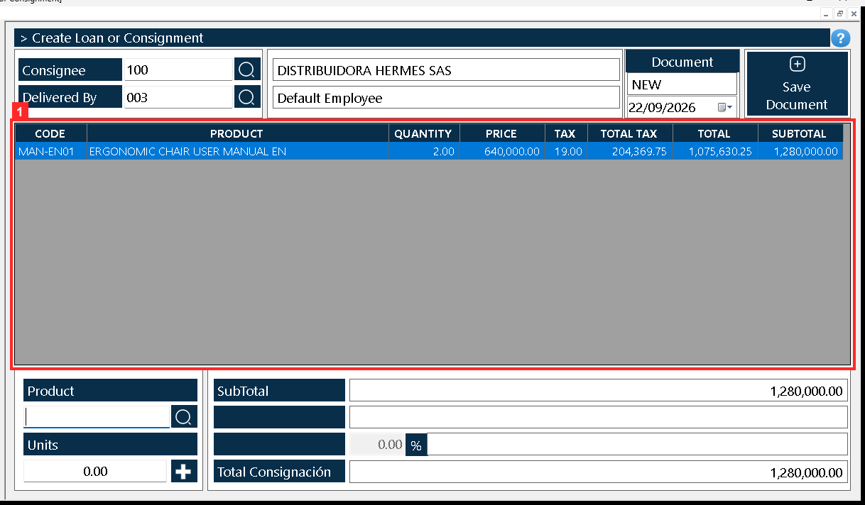 The grid shows the line with the product, the units, the value, the tax and the subtotal.