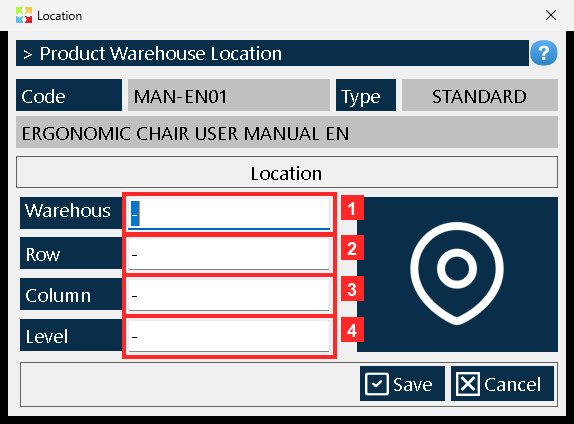 The «Location» window opens with the «Code» (MAN-EN01), the «Type» and the product name.