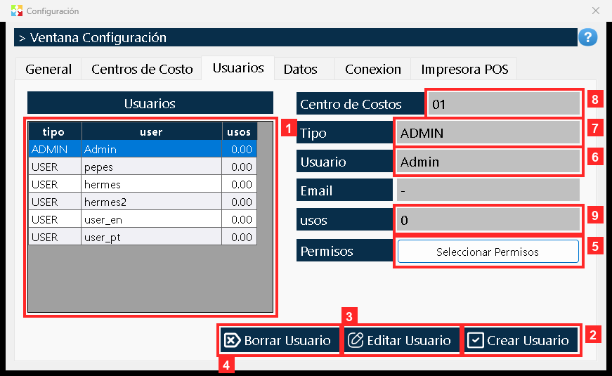 La cuadrícula «Configuración» lista los usuarios del programa y, al seleccionar uno, abajo se ven sus datos: «Usuario», «Tipo», «Centro de Costos», «Email», los «usos» y los…