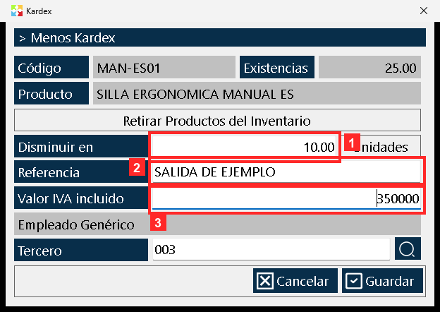 Así queda el formulario con los datos del ejemplo: «Disminuir en» = 10 unidades, «Referencia» = SALIDA DE EJEMPLO y «Valor IVA incluido» = 350000 (valor unitario con IVA incluido).