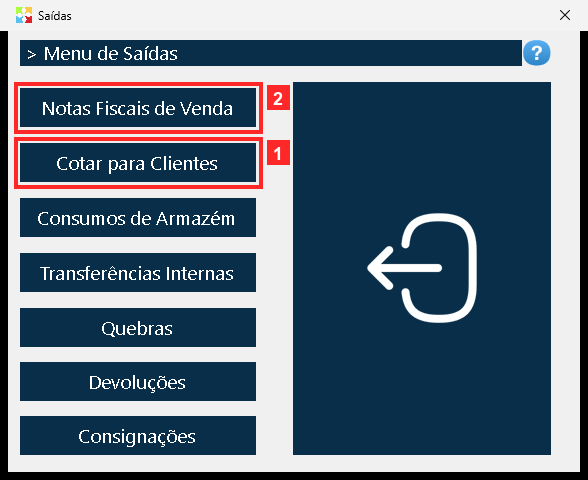 Ao pressionar «Saídas» abre-se o menu de operações de saída. «Cotar para Clientes» é a opção das cotações a clientes; as outras são documentos de saída diferentes.