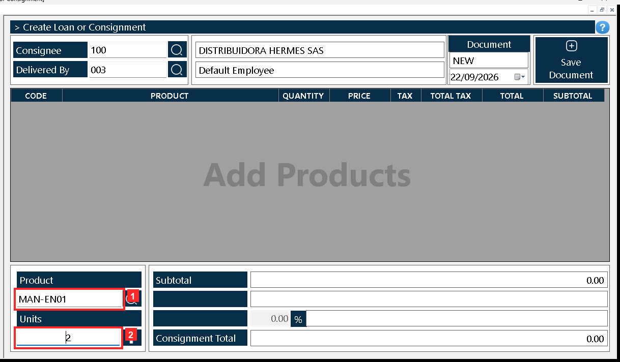 The body of the document holds what leaves on consignment: «Product» is the product code and «Units» the quantity delivered.