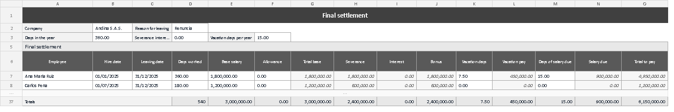 Final settlement template in Excel