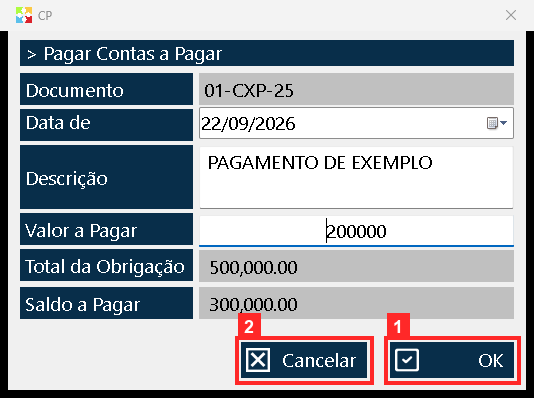 O abono é registrado com o botão «OK» da janela. Ao aceitá-lo, o programa soma o valor ao abatido da conta e deixa o movimento no caixa (entrada se se cobra, saída se se paga).