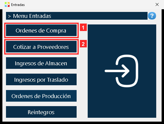 Al pulsar «Entradas» se abre el menú de operaciones de entrada. La primera opción, «Ordenes de Compra», es la que se usa aquí; las demás son otros documentos de entrada.