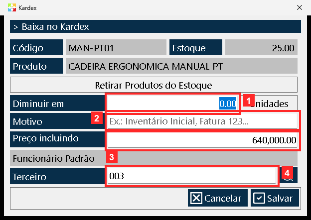 Abre-se o formulário «Kardex», o mesmo das entradas. Em cima confirmam-se o «Código» (MAN-PT01), o «Produto» e as «Estoque» atuais.