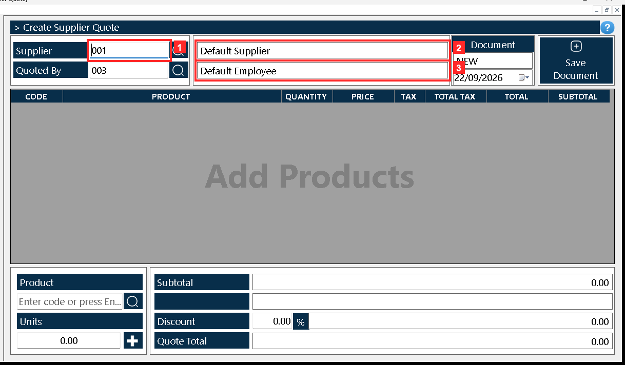 The document «Supplier Quote» opens. In the header, «Supplier» comes with the default supplier (001 — Default Supplier) and «Quoted By» with the employee who quotes it (Default…
