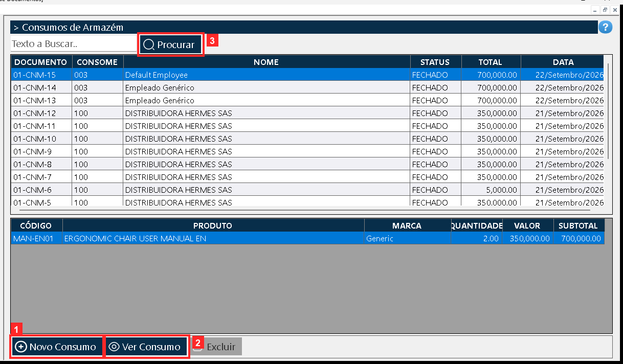 Abre-se «Lista de Documentos». Em cima a grade mestre lista cada documento com a referência, quem consome, o STATUS (fechado) e o total (01-CNM-15 | 003 | Default Employee |…