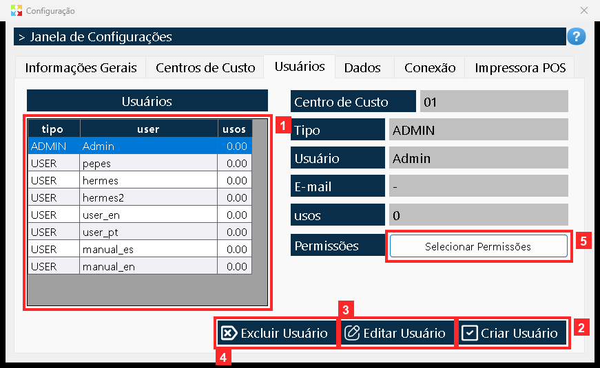 Abre-se a janela de configurações. Clique na aba «Usuários»: aí está a grelha com todos os usuários do programa (a coluna «Tipo» diz se é ADMIN ou USER) e os botões «Criar…