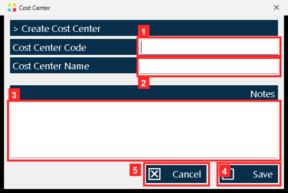 The «> Create Cost Center» window opens with three fields: «Cost Center Code» —the short reference of the center, it can be a number or a few letters—, «Cost Center Name» and…