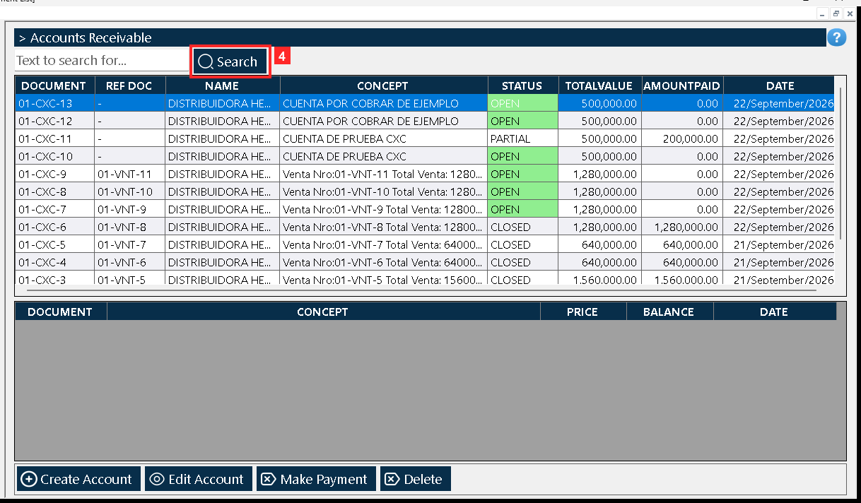 «Document List» opens. The master grid lists every account with its reference, the partner, the description, the STATUS (OPEN), the total, the amount paid and the date (01-CXC-13…