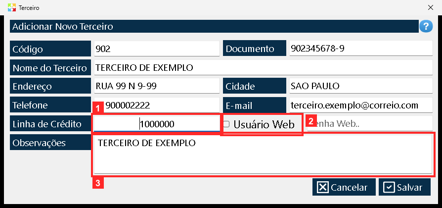 «Linha de Crédito» é a linha de crédito dada ao terceiro (no exemplo 1000000): é o valor que o programa considera ao vender a crédito para ele.