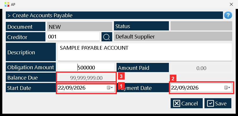 «Start Date» is the account date and «Payment Date» the expected payment date; the program proposes today for both (22/09/2026 and 22/09/2026).